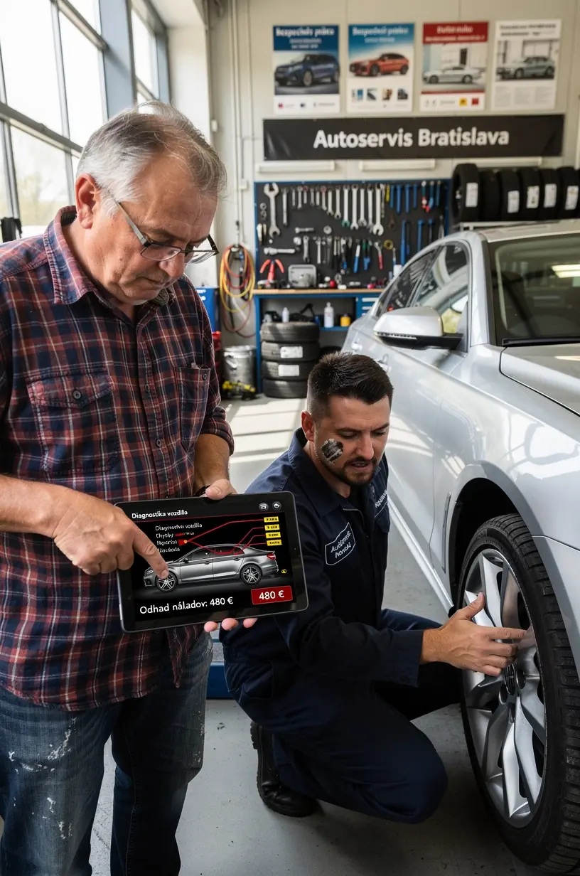 Interiér moderného autoservisu s technikmi pracujúcimi na rôznych automobiloch.