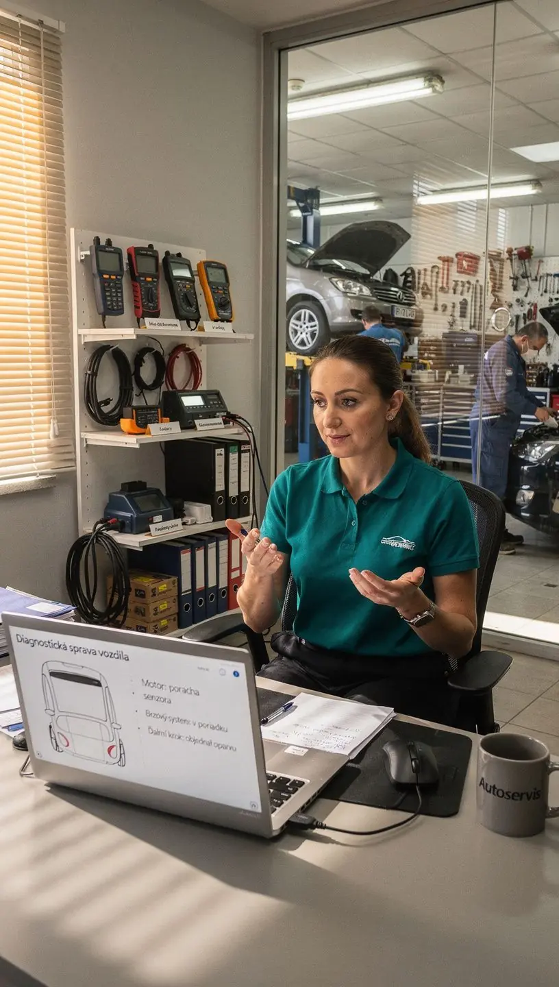 Automobil s otvorenou kapotou počas mobilnej pred-diagnostiky priamo na ceste.